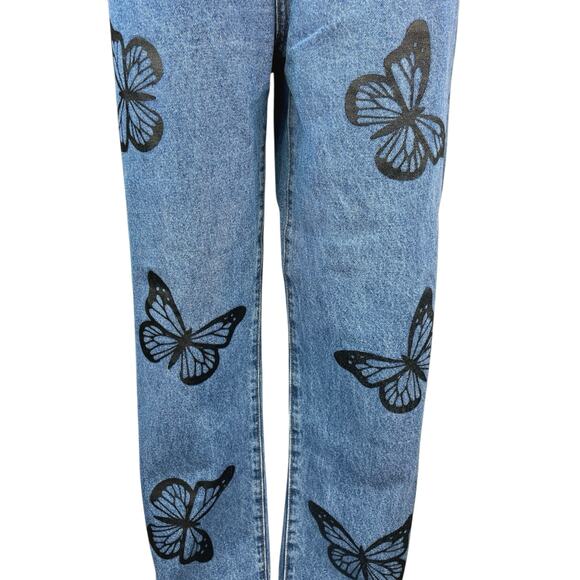 Princess Polly Women's Blue Butterflies Print Wide Leg High Waist Denim Jeans 12 - Picture 4 of 7